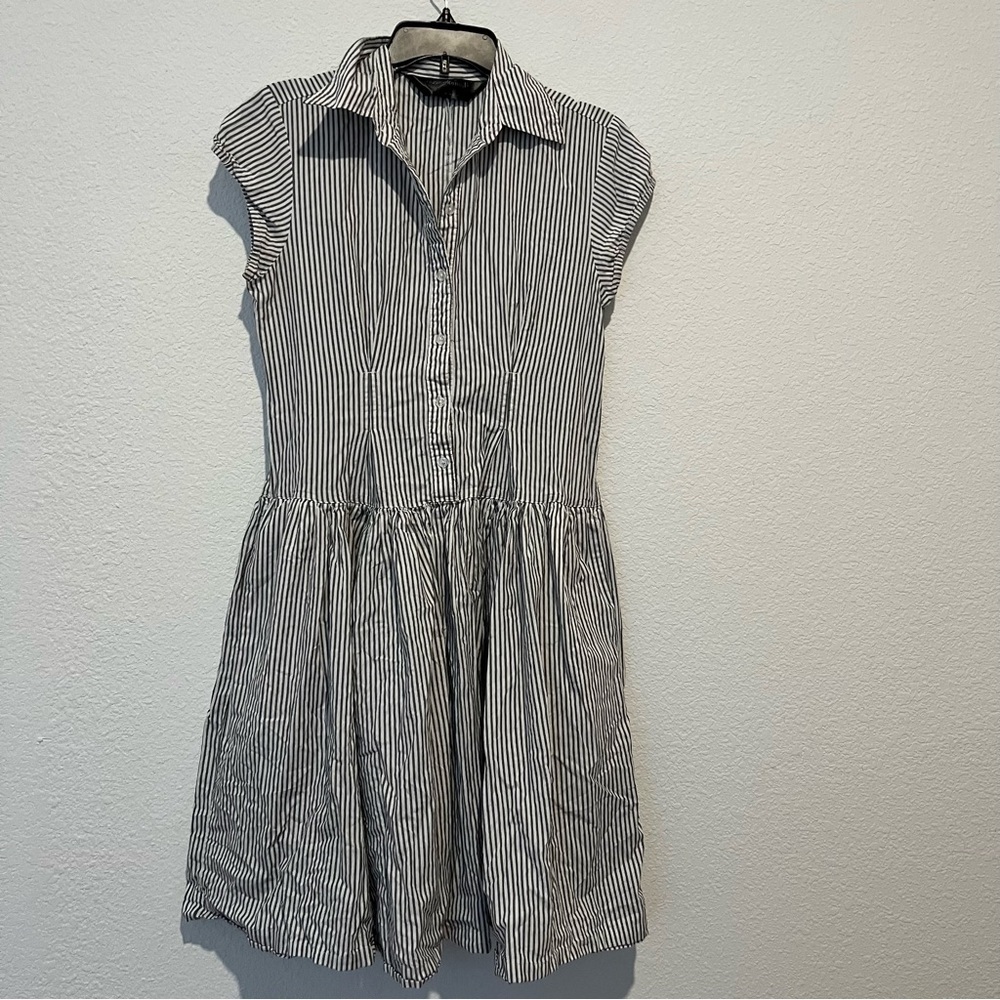 Norma Kamali Blue White Striped Dress Drop Waist Pleated Button Front Sz Medium